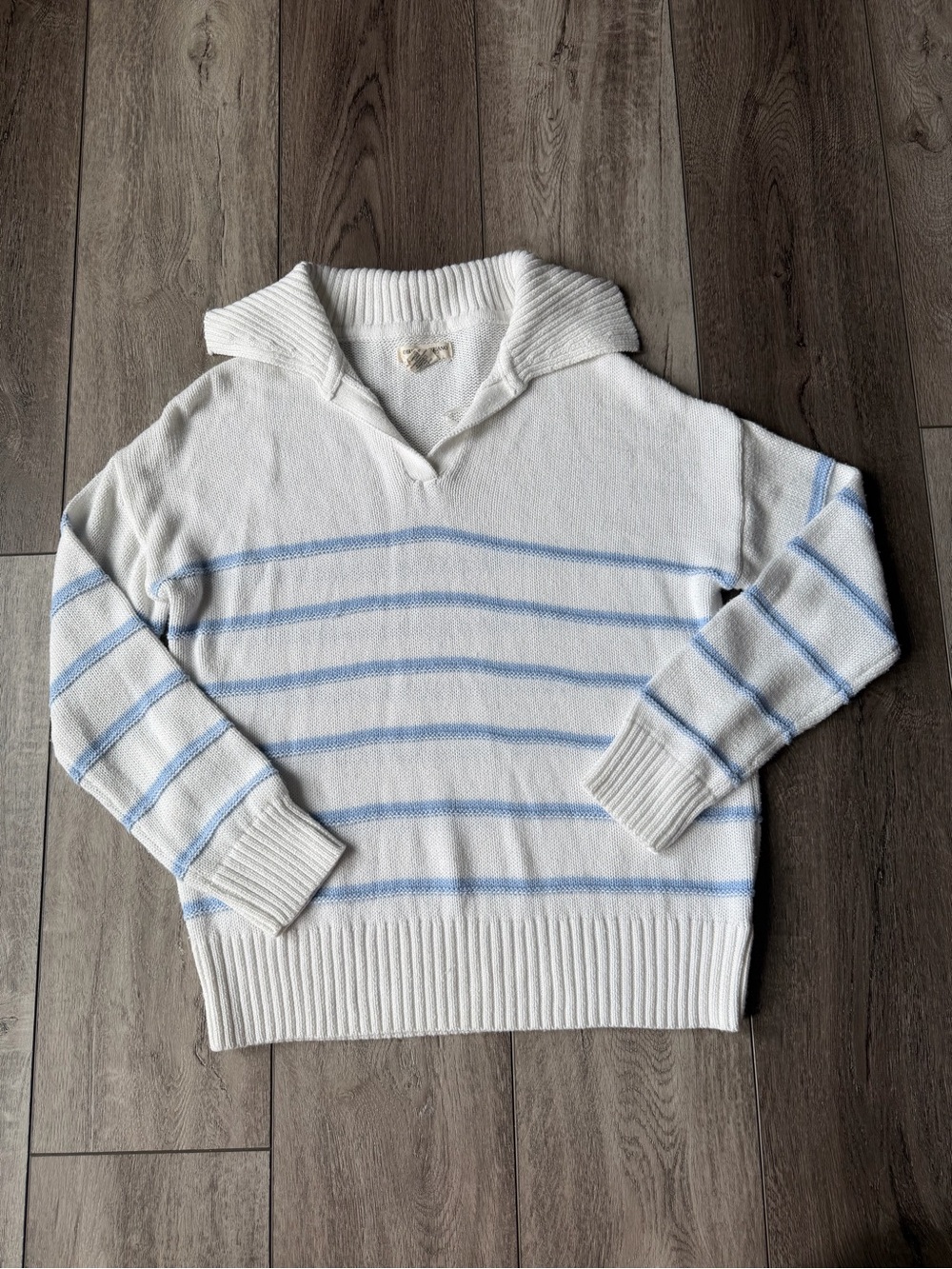Christian Siriano White V-Neck Cottagecore Coastal Light Blue Striped  Sweater